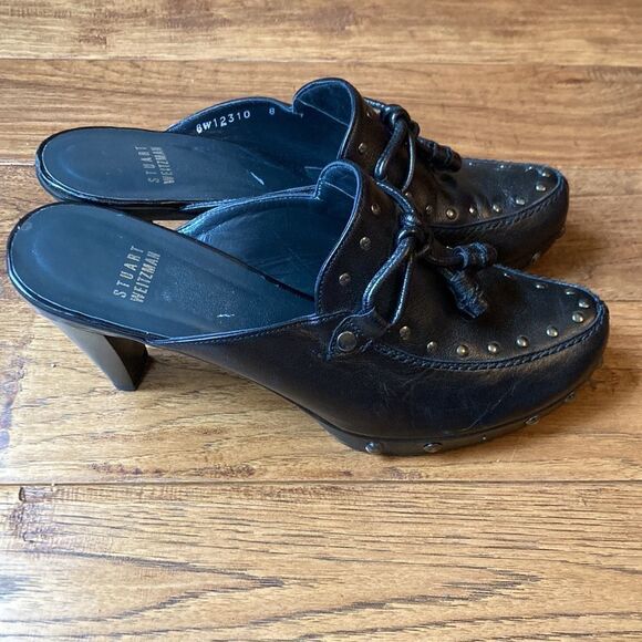 STUART Weitzman Black Leather Studded Heeled Mules Size 8 - Picture 7 of 11